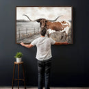 Vintage Texas Cow Wall Art Canvas Print, Rustic Longhorn