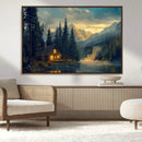 Mountain Cabin by the Lake at Sunset Wall Art - Serene