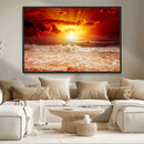 Red Sunset Ocean Beach Canvas Wall Art Beach Canvas, Coastal