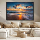 Sunset on the Ocean Beach with Waves, Reflections on Sand,