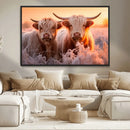 Highland Cows at Sunrise Wall Art Canvas Set – Serene and