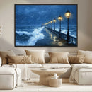 Stormy Ocean Pier Lights Canvas Wall Art Print - Large Moody