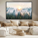 Misty Pine Forest Wall Art Canvas, Sunrise Over Foggy Trees
