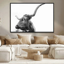 Longhorn Wall Art Canvas Print – Framed Monochrome Ranch Cow
