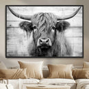 Black White Highland Cow Wall Art Canvas Print
