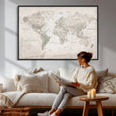 Antique Style World Map Canvas Print - Vintage Detailed