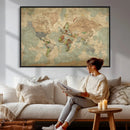 World Map Wall Art Canvas Print, Rustic Map Print, Framed