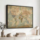 World Map Wall Art Canvas Print, Rustic Map Print, Framed