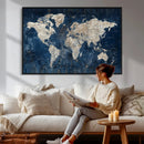 Large Blue World Map Wall Art Canvas Print for Home Office