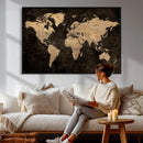 Brown World Map Canvas Print – Modern Travel Map Wall Art,