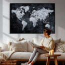 Black World Map Canvas Print – Detailed Map for Couples and