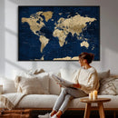 Navy Blue World Map Canvas Print – Detailed Map Minimal Navy