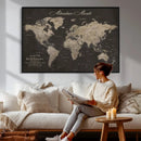 Custom World Map with Pins Canvas Wall Art Dark Charcoal by MyGreatCanvas | Canvas Wall Art Prints | Photo Prints & Wall Decor