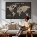 Custom World Map with Pins Canvas Wall Art Dark Charcoal