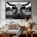 Black White Texas Longhorn Bull Canvas Wall Art, Western Ranch Cattle Photography Print, Rustic Farmhouse Cowboy Decor Artwork by MyGreatCanvas | Canvas Wall Art Prints | Photo Prints & Wall Decor
