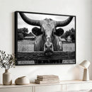 Black White Texas Longhorn Bull Canvas Wall Art, Western Ranch Cattle Photography Print, Rustic Farmhouse Cowboy Decor Artwork