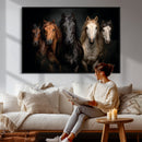Horse Wall Art Canvas Print, Wild Horses Portrait Photography, Dramatic Equestrian Decor, Black Brown White Horse Herd, Rustic Ranch Art