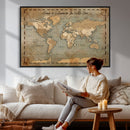 Vintage Personalized Push Pin World Map, Vintage Travel Map Canvas, Custom Names Anniversary Gift, Places Visited Pin Board, Couples Adventure Art