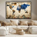 World Map Canvas Print – Vintage Blue and Gold World Map