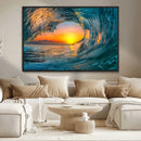 Ocean Wave Sunset Wall Art | Large Coastal Wave Canvas Print