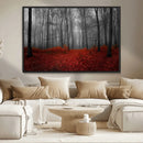 Red Forest Floor Canvas Wall Art – Mystical Foggy Woodland