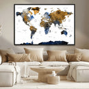 Modern Abstract World Map Canvas Wall Art – Framed Blue and