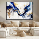 Golden Cascades on Midnight Blue – Deep Blue Abstract Wall