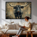 Texas Longhorn Bull Wall Art – Framed Rustic Cow Canvas