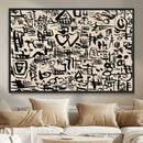 Abstract Love and Chaos Canvas Print, Black Symbols on Beige
