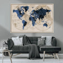 Vintage Blue World Map Canvas Wall Art – Antique Style