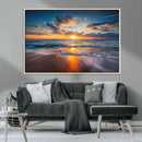 Sunset on the Ocean Beach with Waves, Reflections on Sand,