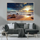 Golden Hour Beach Sunset Canvas Triptych, Ocean Waves and
