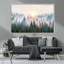 Misty Pine Forest Wall Art Canvas, Sunrise Over Foggy Trees