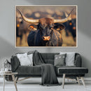 Majestic bull head close-up, long curved horns, detailed fur by MyGreatCanvas | Canvas Wall Art Prints | Photo Prints & Wall Decor