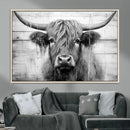 Black White Highland Cow Wall Art Canvas Print