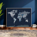 Blue Detailed World Map Wall Art Canvas Print, Modern Framed