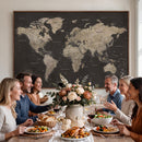 World Map Canvas Wall Art Dark Charcoal Antique Tan Detailed
