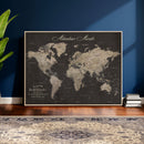 Custom World Map with Pins Canvas Wall Art Dark Charcoal