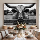 Black White Texas Longhorn Bull Canvas Wall Art, Western Ranch Cattle Photography Print, Rustic Farmhouse Cowboy Decor Artwork