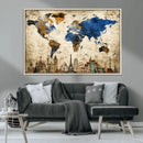 World Map Canvas Print – Vintage Blue and Gold World Map
