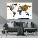 Modern Abstract World Map Canvas Wall Art – Framed Blue and