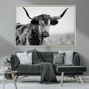 Texas Cow Longhorn Wall Art Canvas Print in Black and White