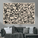 Abstract Love and Chaos Canvas Print, Black Symbols on Beige