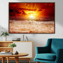 Red Sunset Ocean Beach Canvas Wall Art Beach Canvas, Coastal