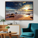 Golden Hour Beach Sunset Canvas Triptych, Ocean Waves and