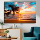 Palm Tree Sunset On The Beach Wall Art Canvas, Framed Palm