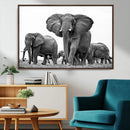Black White Elephant Family Wall Art Canvas Print