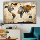 World Map Wall Art – Antique Style Blue and Brown Map Canvas