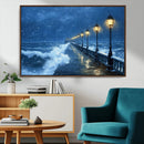 Stormy Ocean Pier Lights Canvas Wall Art Print - Large Moody