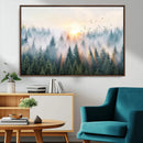 Misty Pine Forest Wall Art Canvas, Sunrise Over Foggy Trees